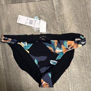Roxy Black Swim Bottom with Orange & Teal Tropical Print